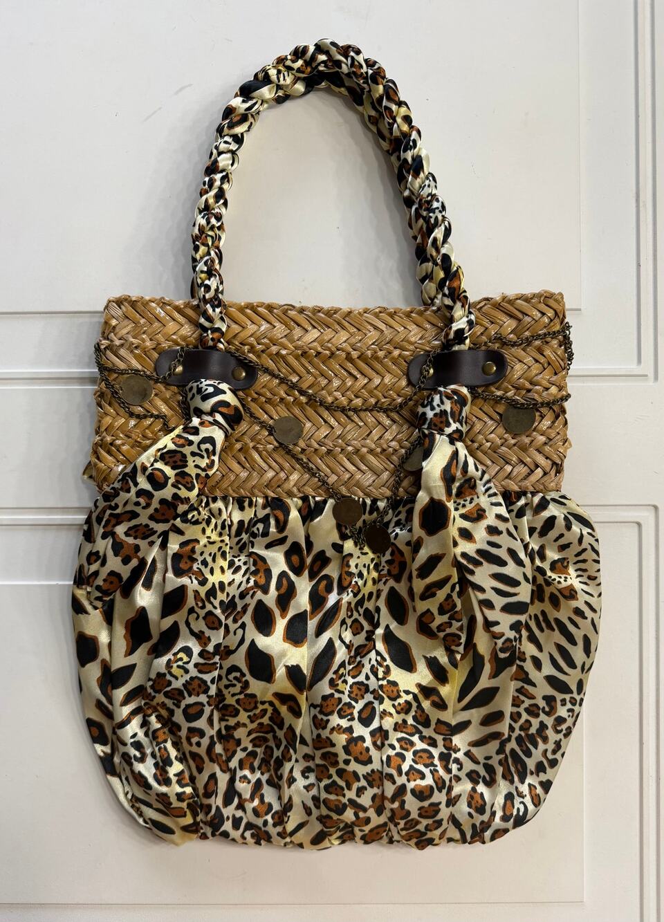 Sun N Sand Leopard Print Coin Chain Rope Handle Straw Detail Shoulder Bag Purse